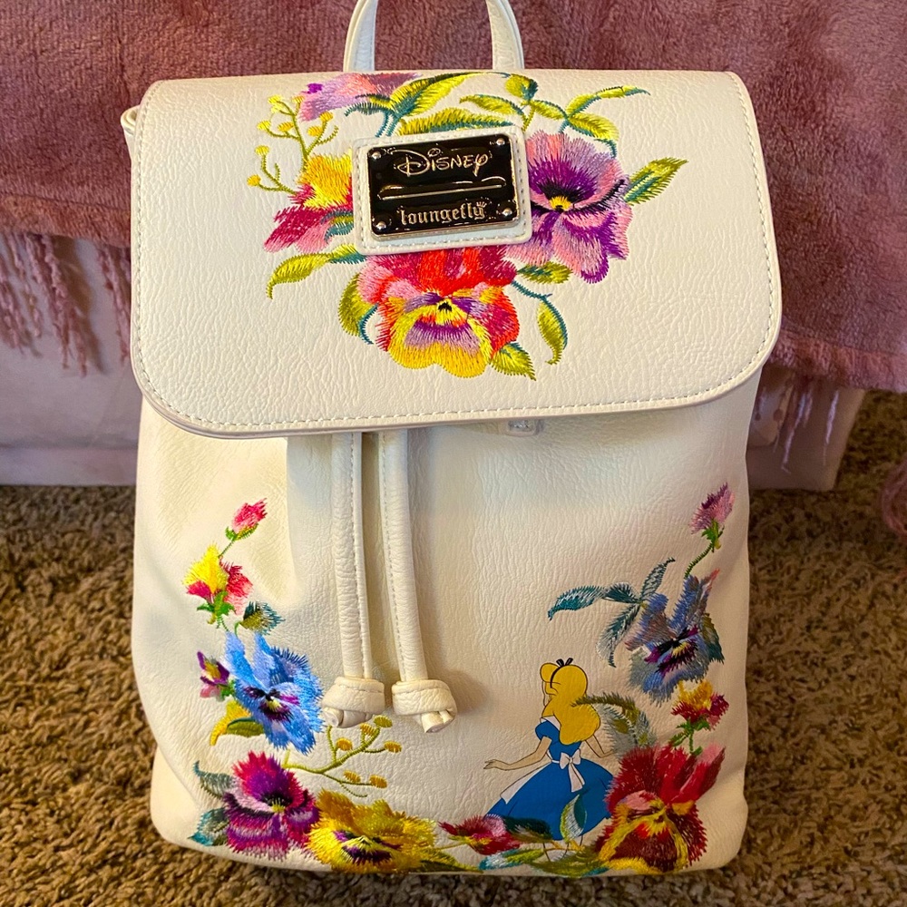 Stunning Alice in Wonderland flower embroidered Loungefly bag